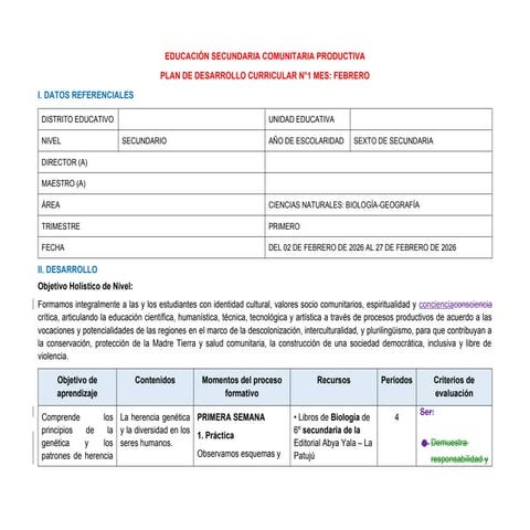 PLAN DE DESARROLLO CURRICULAR BIOLOGIA 6TO DE SECUNDARIA 2026 | DOCX