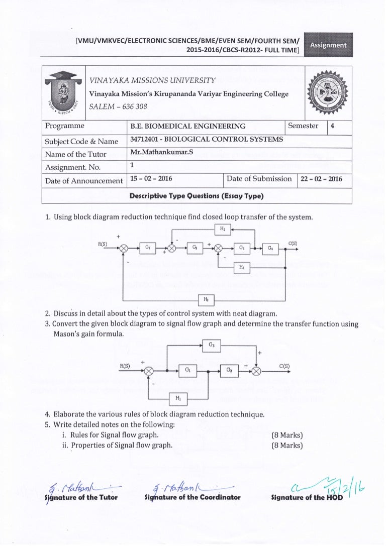 Biological control systems - System Concepts-Mathankumar.S, VMKVEC. Block Diagram ...
