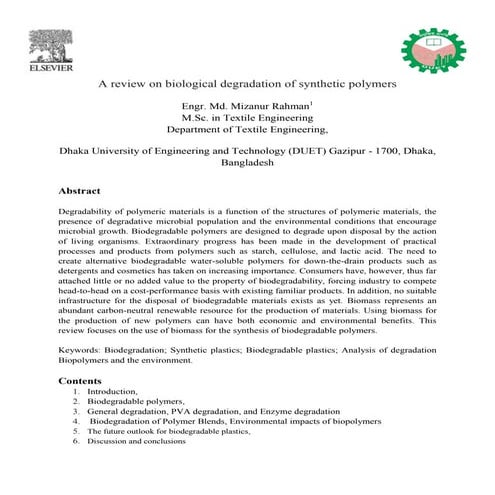 Biological degradation of synthetic polymer | PDF