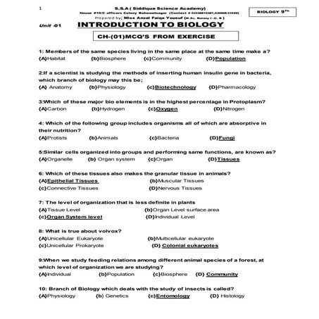 Biology 9 th ch-1 | DOCX
