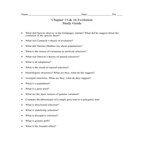 Biology - Chp 15-16 - Evolution - Study Guide