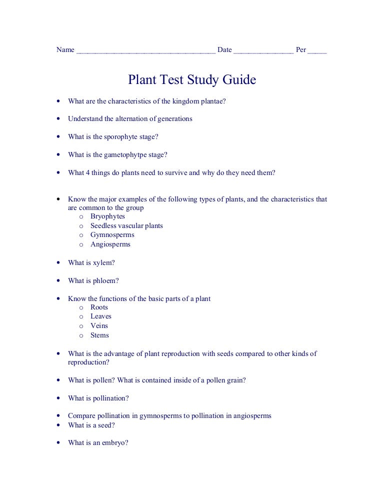 Biology Chp 22 25 Plants Study Guide