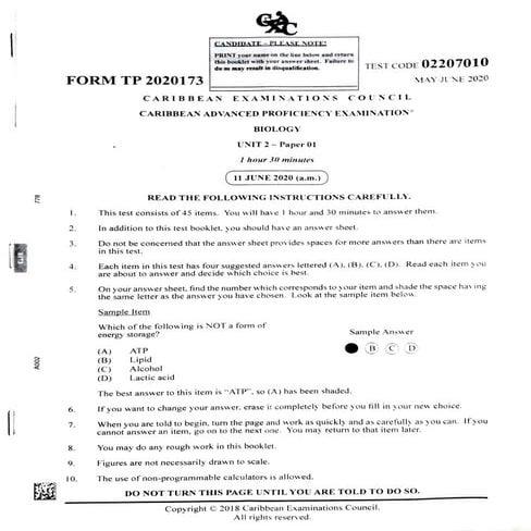 Cape Biology Unit 2 - year 2020  U2   P1