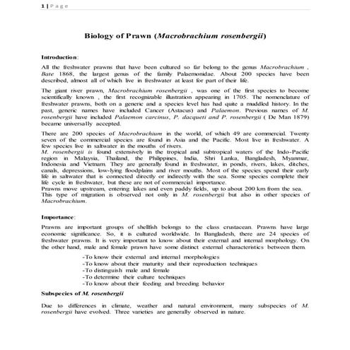 Biology of Prawn (Macrobrachium rosenbergii)