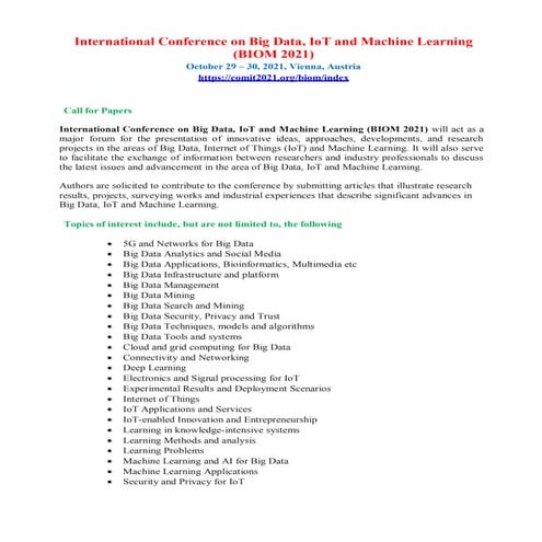 International Conference on Big Data, IoT and Machine Learning (BIOM 2021)
