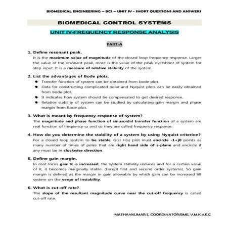 Biomedical Control Systems -  FREQUENCY RESPONSE ANALYSIS (Short Questions & ...