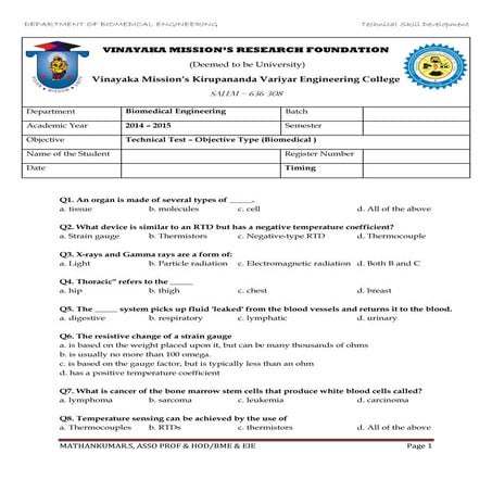 Biomedical Engineering - Multi Choice Questions  - Skill Development 
