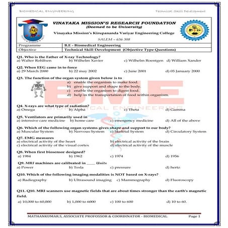 Biomedical Engineering Technical Skill Development (Multi choice Questions)