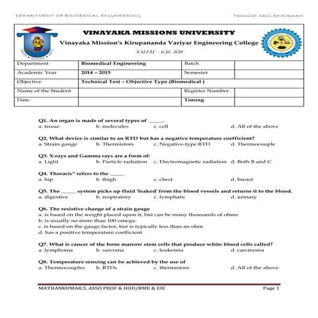Biomedical Engineering (Multi-Choice Questions) - Mathankumar.S (VMKVEC)
