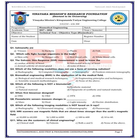 Biomedical Technical Skill Development -  Questions (Multi Choice Type)