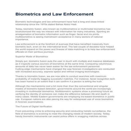 Role of Biometrics in Law Enforcement | PDF