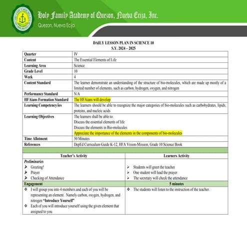 Comprehensive Daily Lesson Plan on Essential Elements of Life for Grade ...