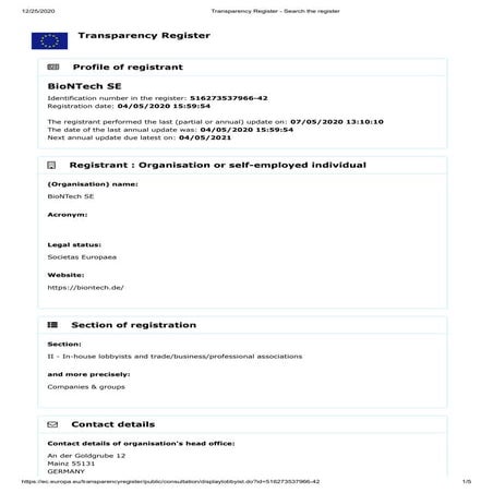 Registratie BioNTech in lobbyregister EU