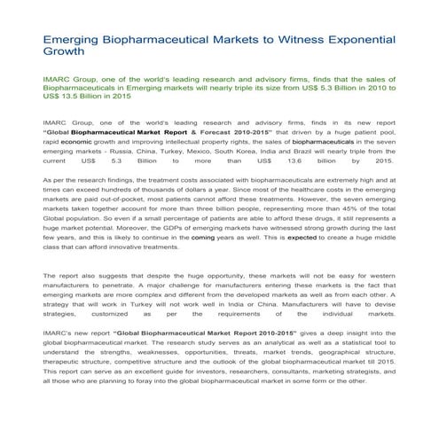 Emerging Biopharmaceutical Markets to Witness Exponential Growth 