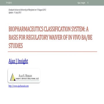 Biopharmaceutics Classification System (BCS) & Waiver of Bioequivalence