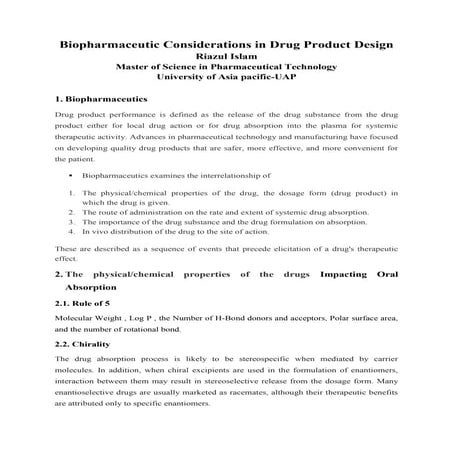 Biopharmaceutic  considerations in Drug Product Design