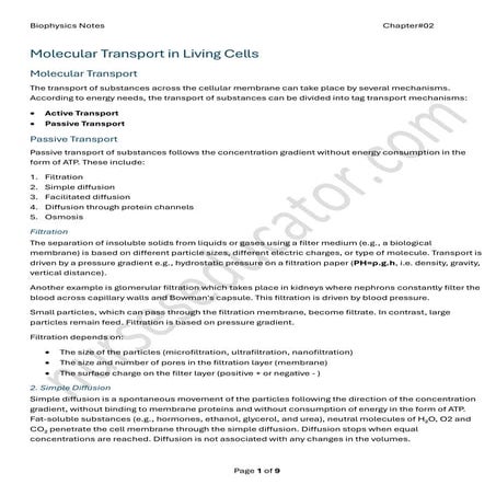 Biophysics Chapter 2 Notes Molecular Transport in Living Cells