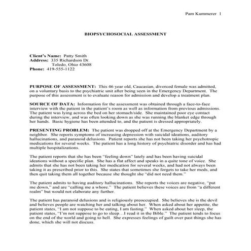 Biopsychosocial assessment  no identifiers
