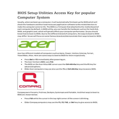 Bios access key in different computers