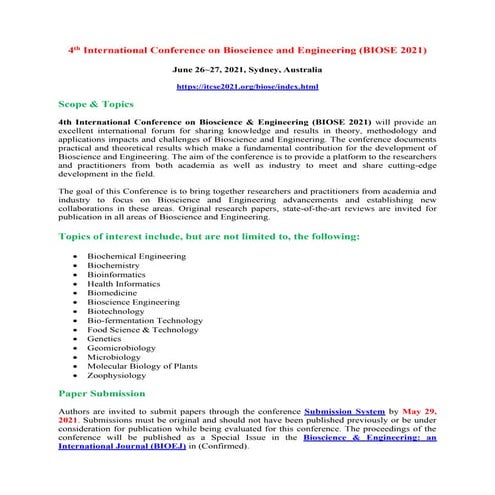 Call for papers - 4th International Conference on Bioscience and Engineering ...