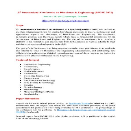 CALL FOR PAPERS - 5th International Conference on Bioscience & Engineering (B...