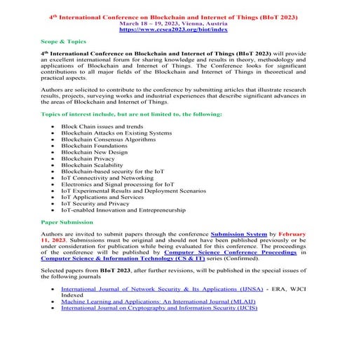 Call for Papers - 4th International Conference on Blockchain and Internet of ...