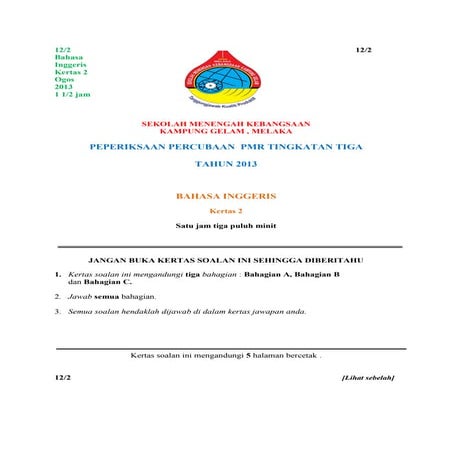 KERTAS 2 BAHASA INGGERIS TRIAL PMR 2013