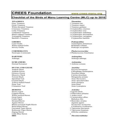 Birdwatching sighting list Manu Learning Centre, Manu, Peru 2010