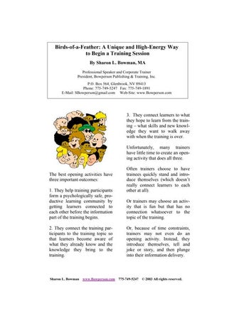 Birds of a Feather: A High-Energy Way to Open a Training