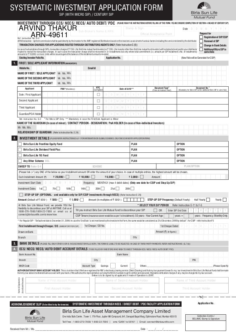 birla sun life mutual fund sip century sip e053607 8825 form