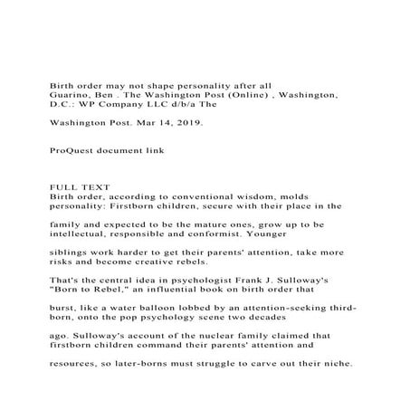 Birth order may not shape personality after all  Guarino, .docx