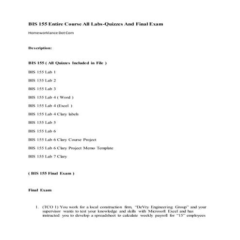 Bis 155 entire course all labs quizzes and final exam