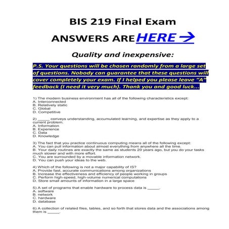 Bis 219 final exam mcq`s correct answers 100%