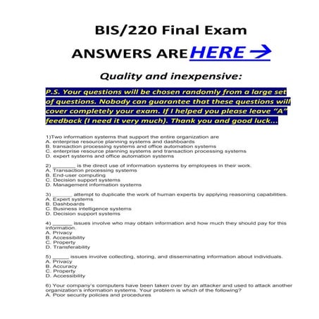 Bis 220 final exam mcq`s correct answers 100%