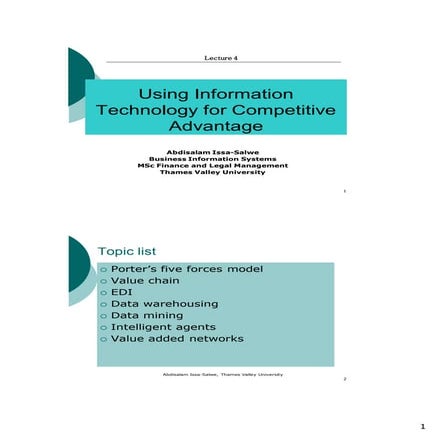Lecture 4(Using Information Technology for Competitive Advantage)