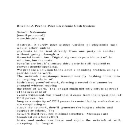 Bitcoin A Peer-to-Peer Electronic Cash SystemSatoshi Naka.docx