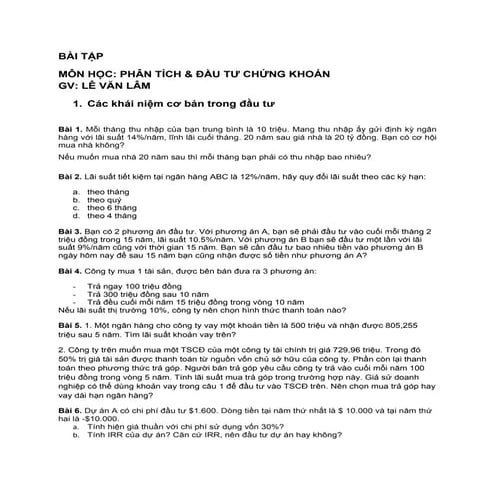 Bài tập môn phân tích và đầu tư chứng khoán
