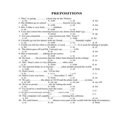 Bài tập giới từ, tiếng anh lớp 10