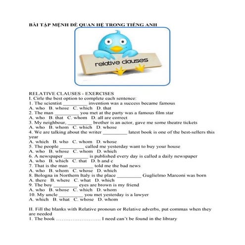 Bài tập mệnh đề quan hệ trong tiếng anh