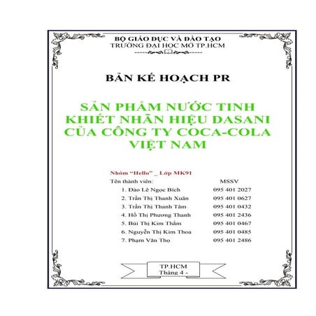 bản kế hoạch PR sản phẩm nước tinh khiết nhãn hiệu Dasani - nhóm hello