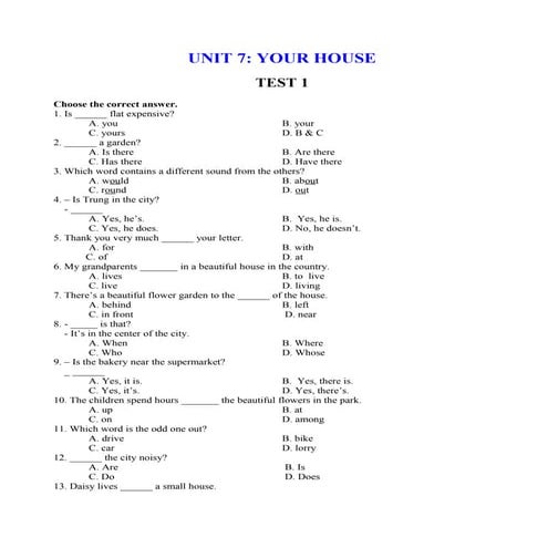 Bài tập tiếng anh lớp 6 (bài 7)