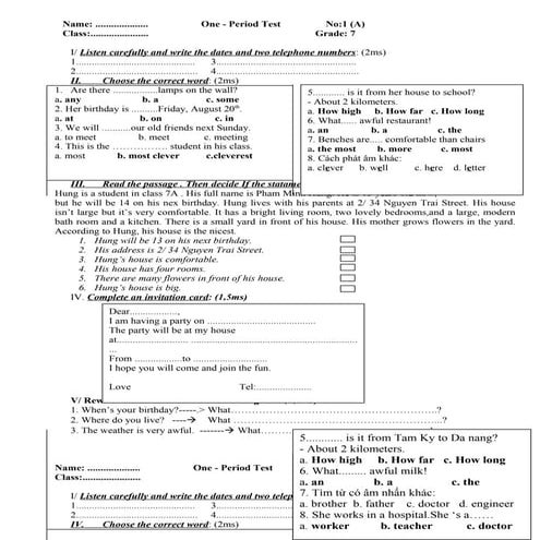 Bài tập tiếng anh lớp 7