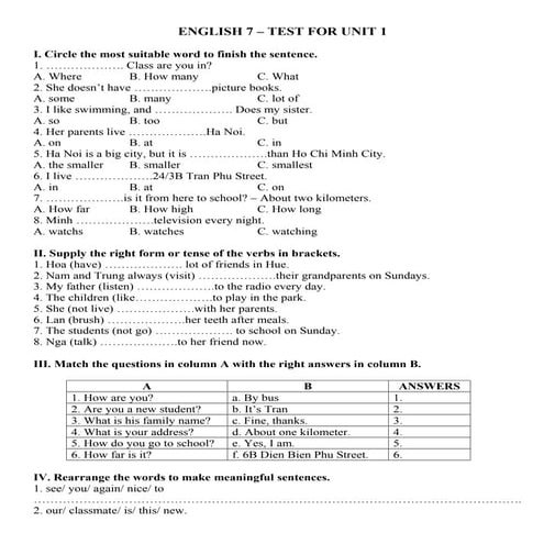 Bài tập tiếng anh lớp 7 (bài 1   back  to school)