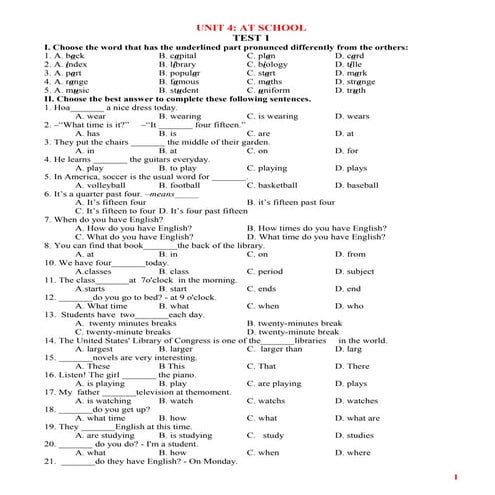 Bài tập tiếng anh lớp 7 (bài 4)