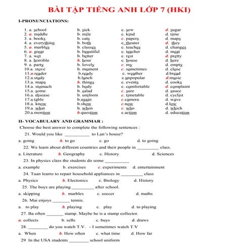 Bài tập trắc nghiệm tiếng anh lớp 7 hki (with key)