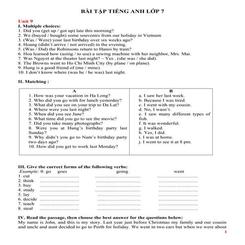 Bài tập unit 9, 10, 11 tiếng anh lớp 7