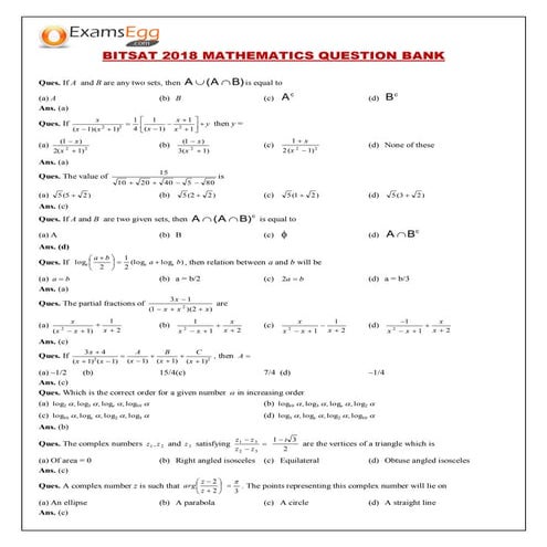 BITSAT 2018 Question Bank - Maths