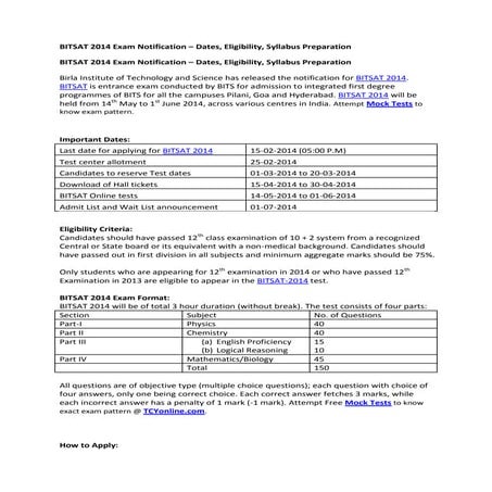 BITSAT 2014 Exam Notification – Dates, Eligibility, Syllabus Preparation 