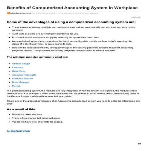 Benefits of Computerized Accounting System in Workplace | PDF