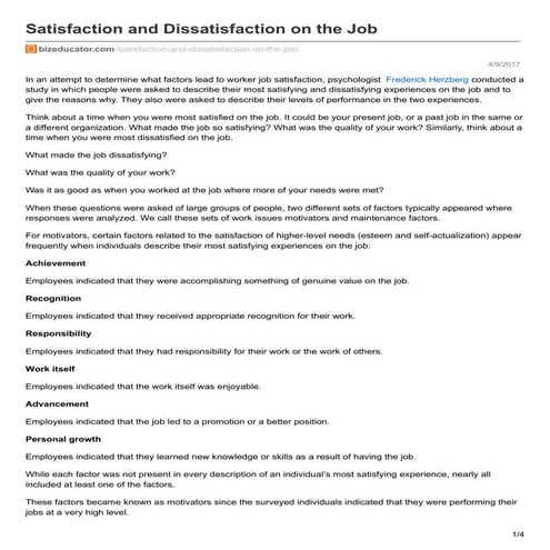 Satisfaction and dissatisfaction on the job | PDF